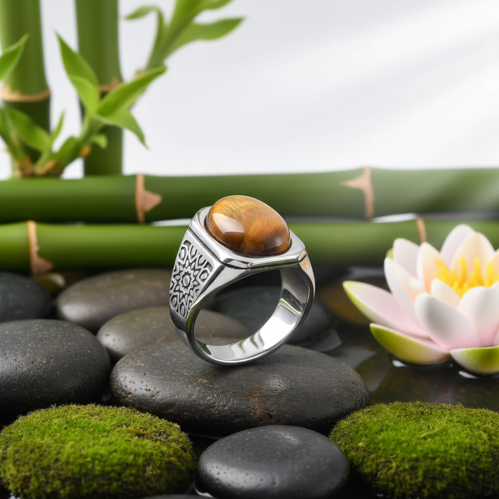 Bague oeil de tigre homme acier 316L dans un décor zen naturel avec fleur de lotus