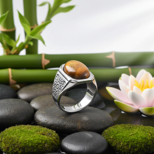Bague oeil de tigre homme acier 316L dans un décor zen naturel avec fleur de lotus