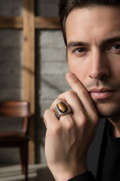 Homme portant une bague oeil de tigre en acier 316L dans un espace naturel masculin