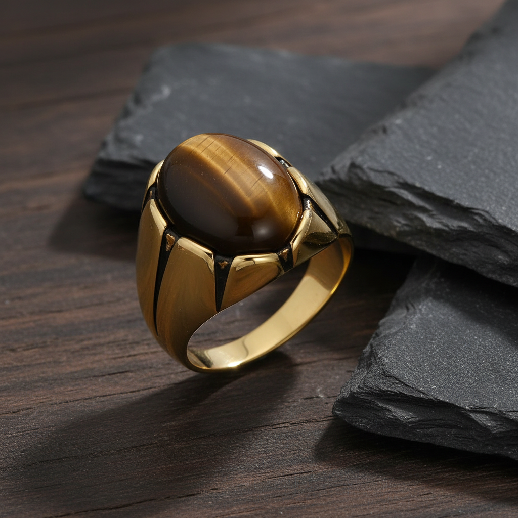 Bague oeil de tigre homme acier inoxydable doré pierre naturelle