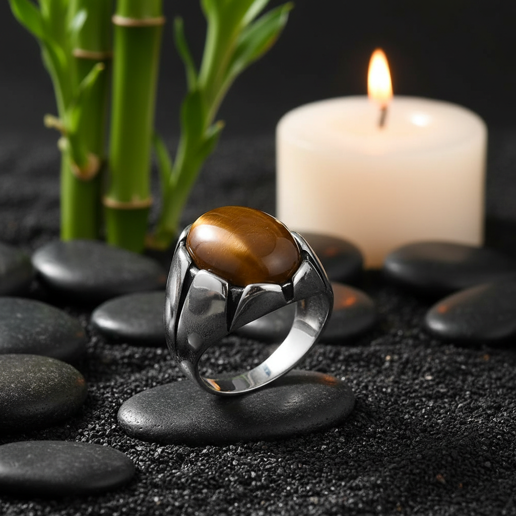 Bague oeil de tigre homme fond zen bougies pierres naturelles