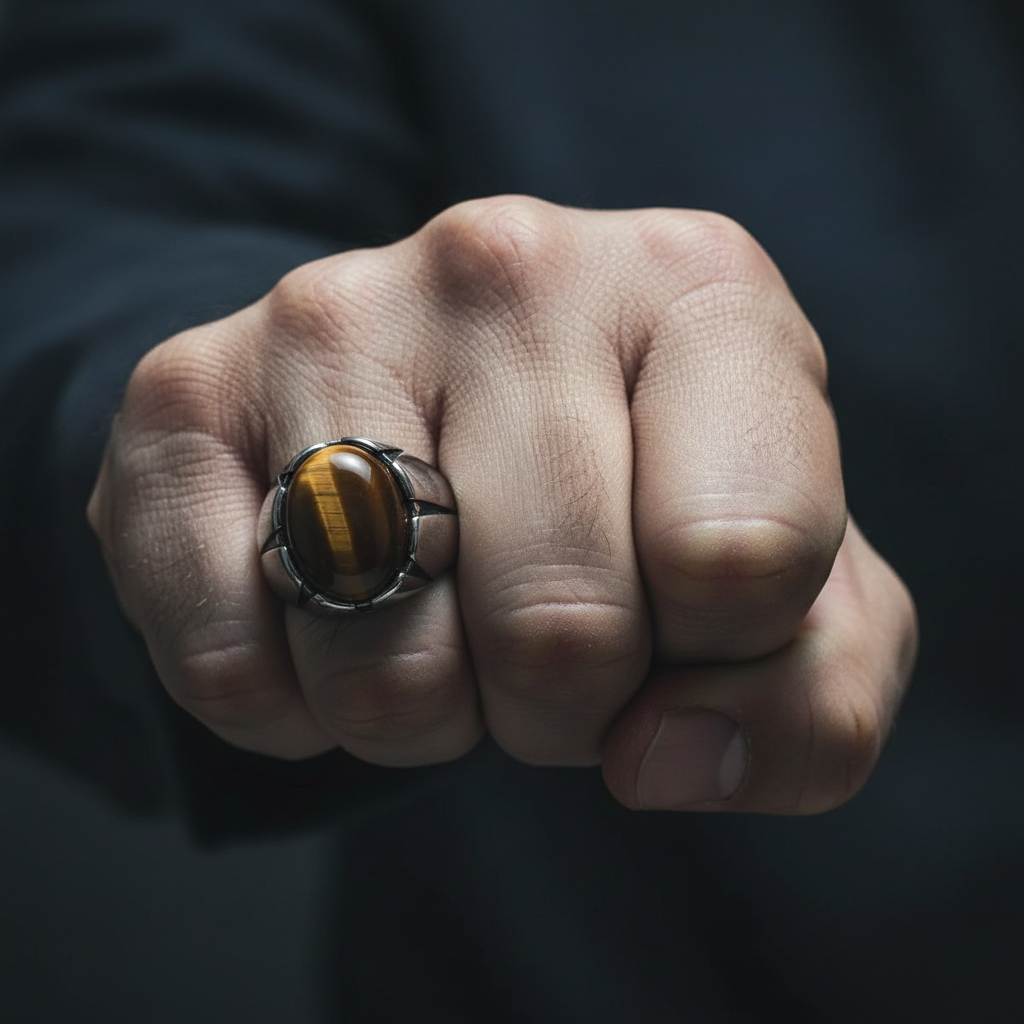 Bague oeil de tigre pour homme poing fermé style masculin