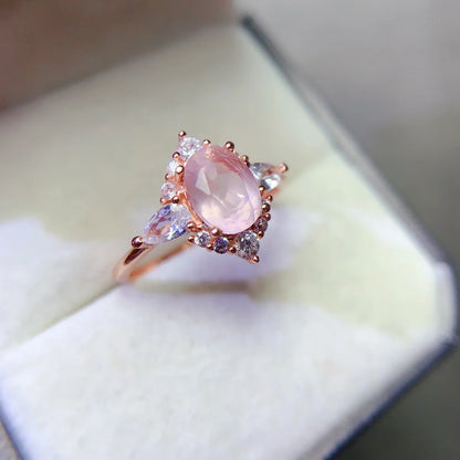 Bague quartz rose pierre naturelle anti-stress chakra coeur amour losange entouré de zircons plaqué or rose