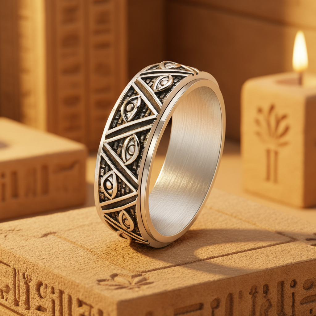 Bague qui tourne homme argentée en acier inoxydable gravée de l’Oeil d’Horus