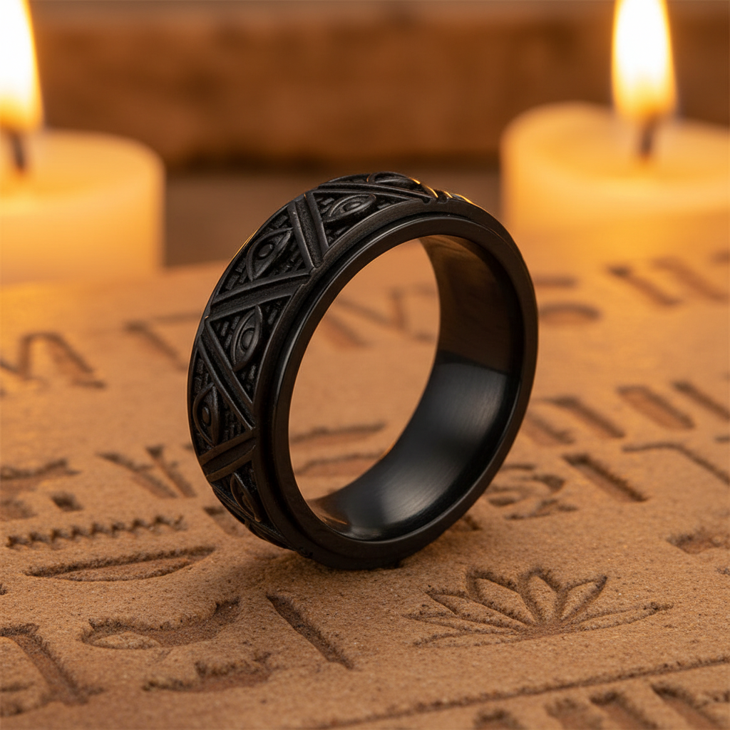 Bague qui tourne homme noire avec motif Oeil d’Horus sur décor égyptien