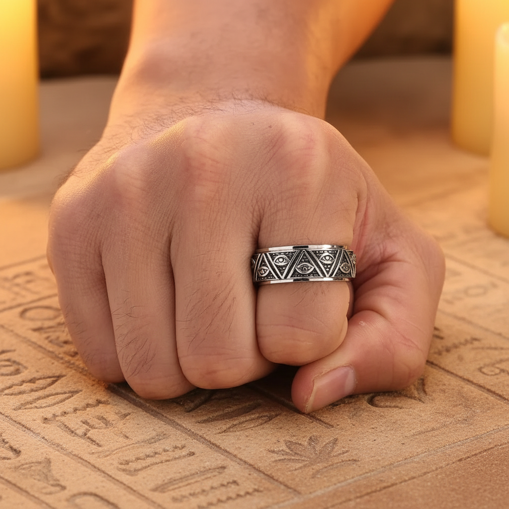 Bague anti-stress homme argentée portée avec motif Oeil d’Horus sur fond égyptien