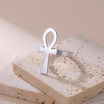 Bague spirituelle croix Ankh acier inoxydable argenté ajustable