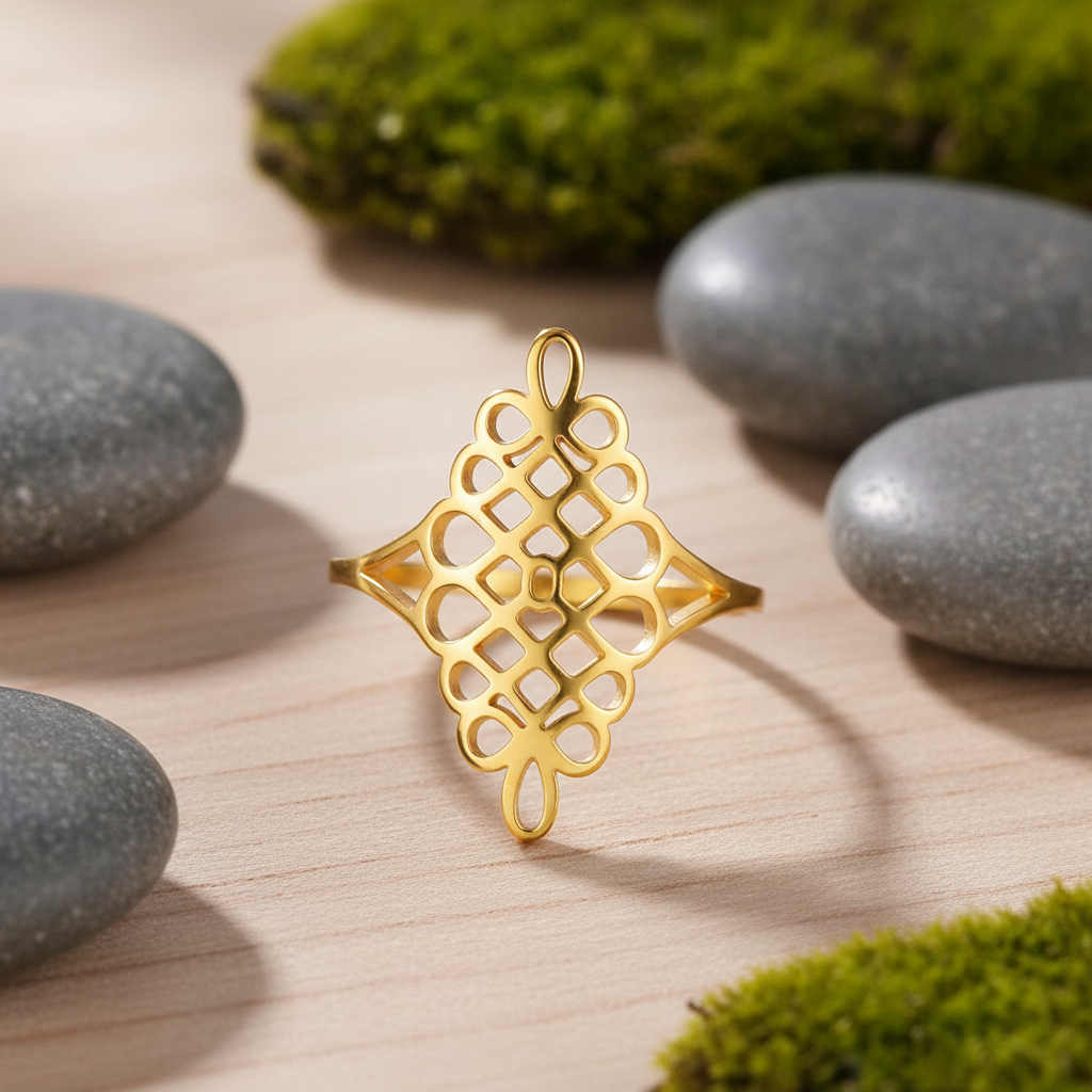 Bague spirituelle géométrique dorée acier inoxydable fond zen