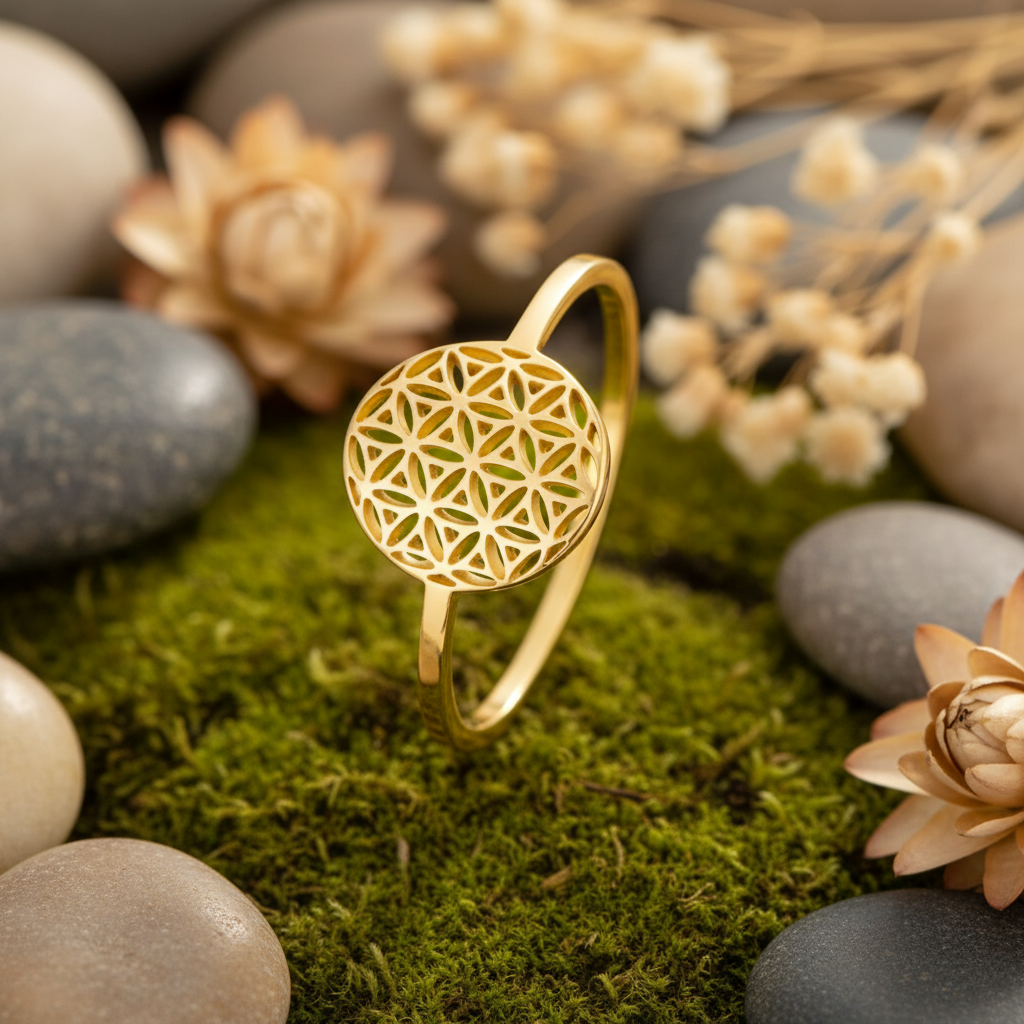 Bague spirituelle fleur de vie dorée sur fond naturel