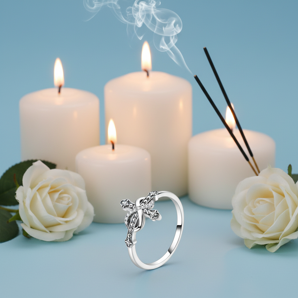 Bague symbolique croix infinie en argent 925 avec zircons, vue de côté sur fond bleu ciel