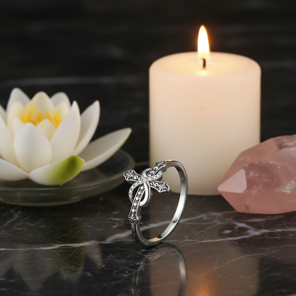 Bague symbolique croix infinie avec fleur de lotus, ambiance zen et spirituelle