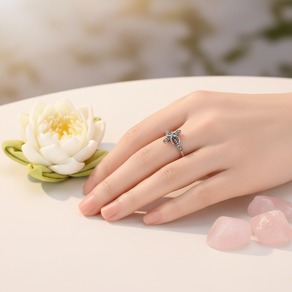 Bague symbolique croix infinie zircons étincelants sur main de femme fleur de lotus