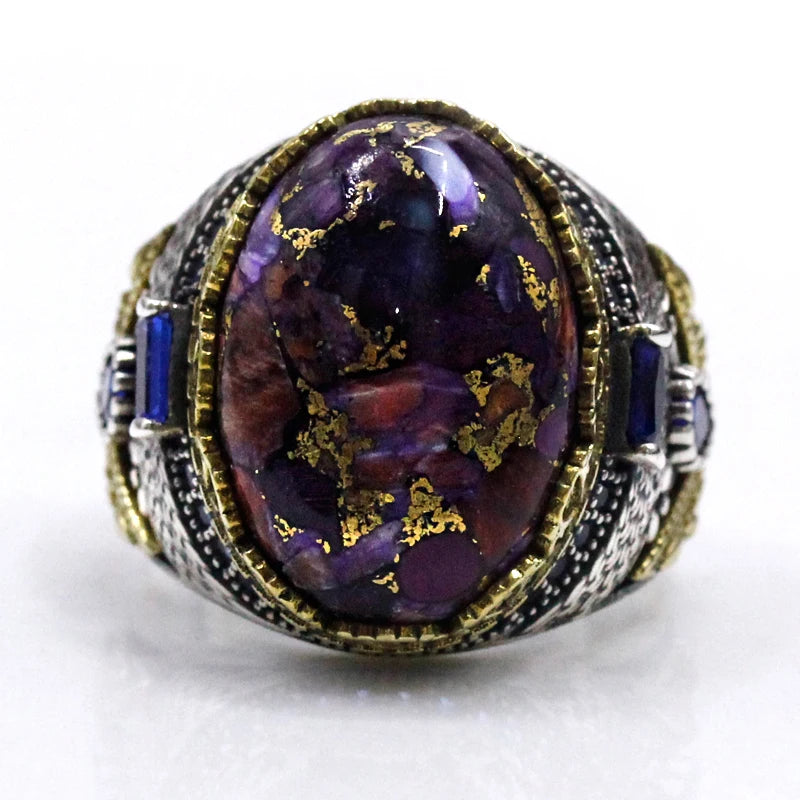 Bague turquoise spiny oyster ovale reflets corail cuivrés homme argent vintage 