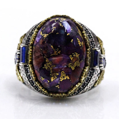 Bague turquoise spiny oyster ovale reflets corail cuivrés homme argent vintage 