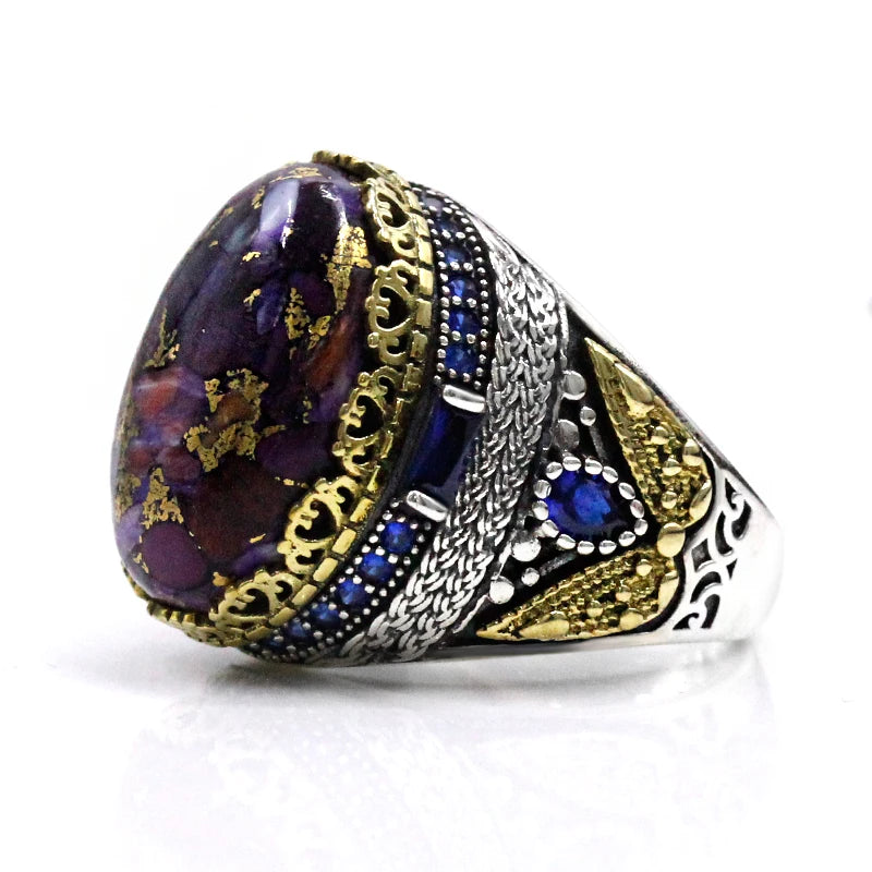 Bague turquoise spiny oyster reflets corail cuivrés homme argent vintage 