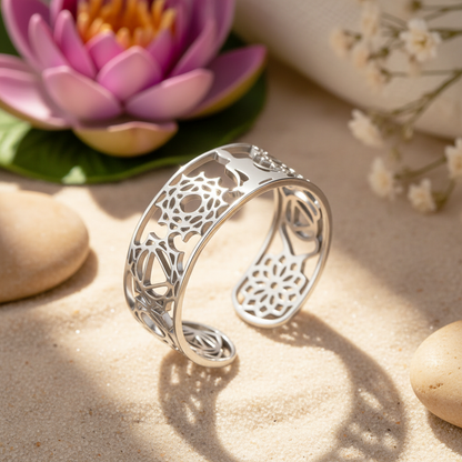 Bague yoga 7 chakras argenté fond zen fleur de lotus