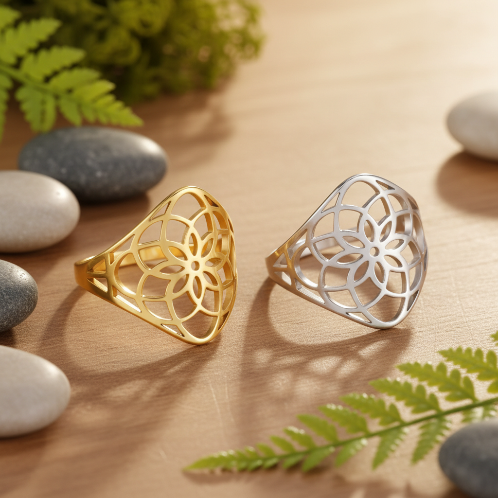 Bague anti stress fleur de vie dorée et argentée côte à côte fond zen