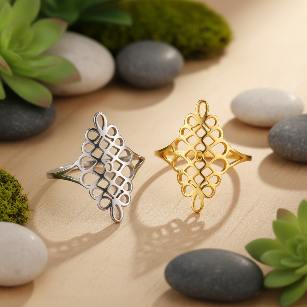 Bague spirituelle géométrique dorée et argentée côte à côte fond zen