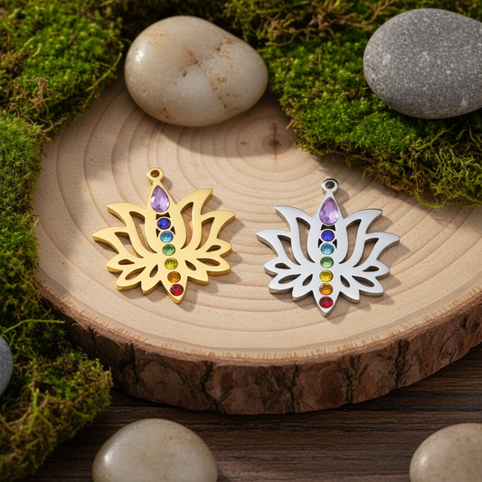 Bijoux fleur de lotus pendentifs dorés et argentés côte à côte fond zen