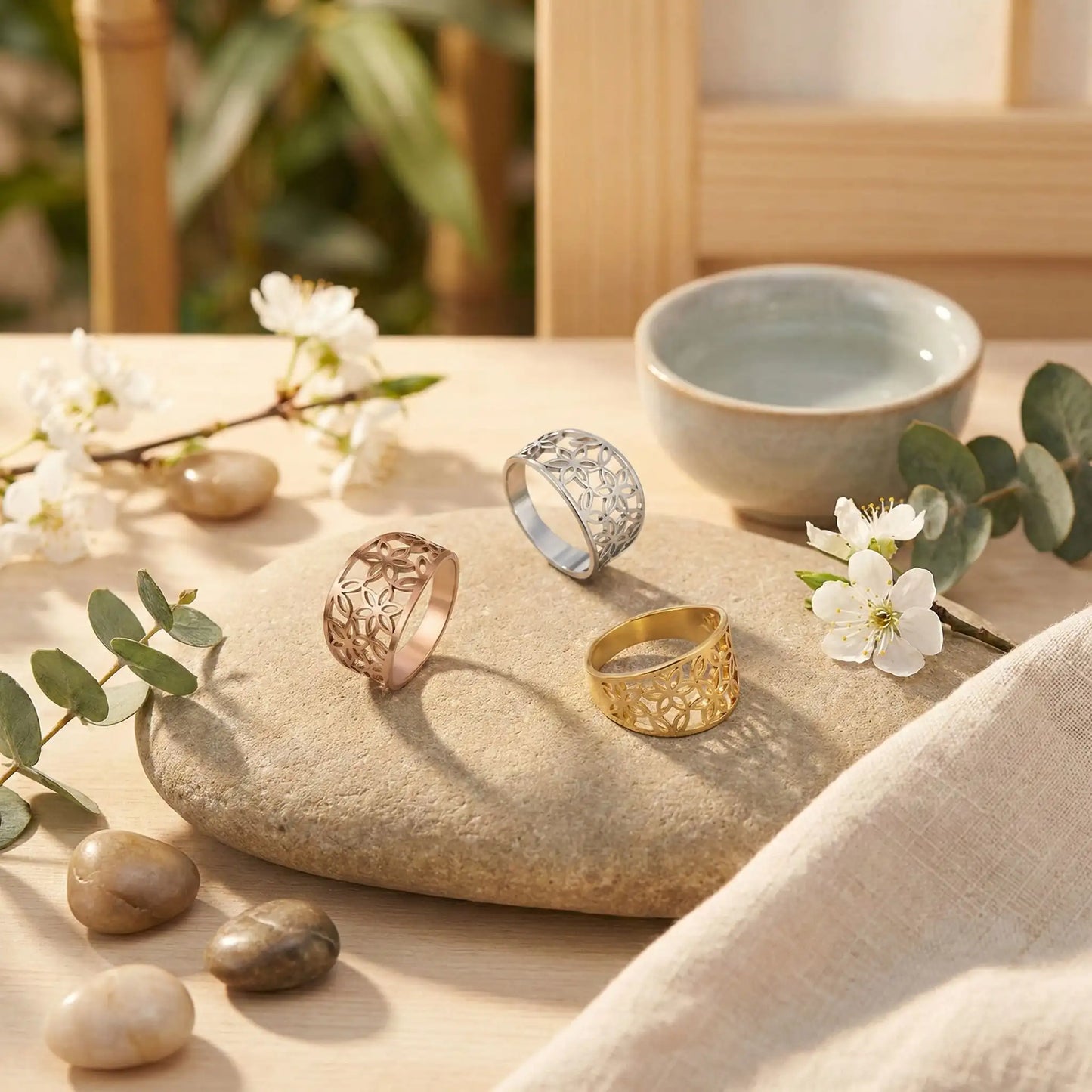 Bijoux fleur de vie 3 bagues acier inoxydable rose doré argent hypoallergénique