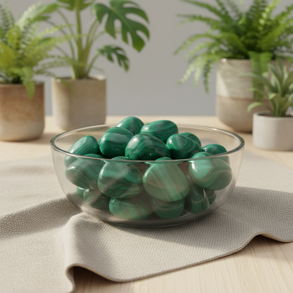 Malachite pierres roulées décoration zen intérieur lin naturel minéral