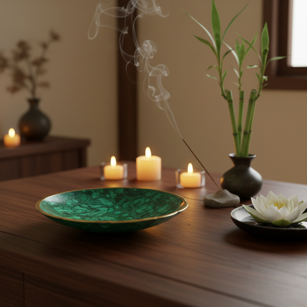 Bol malachite pierre naturelle bordure dorée posé dans un intérieur zen avec fleur de lotus