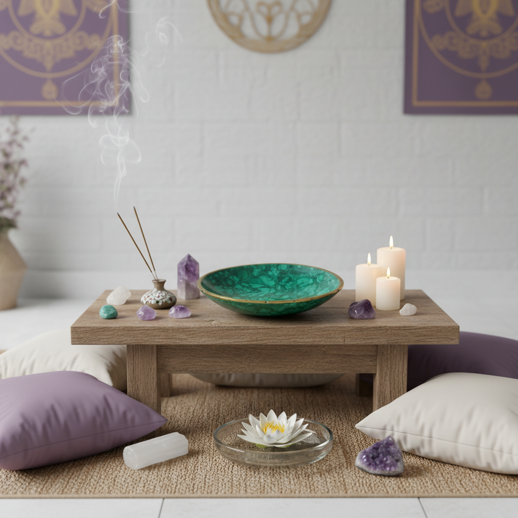 Bol malachite pierre naturelle espace méditation cristaux bougies atmosphère spirituelle