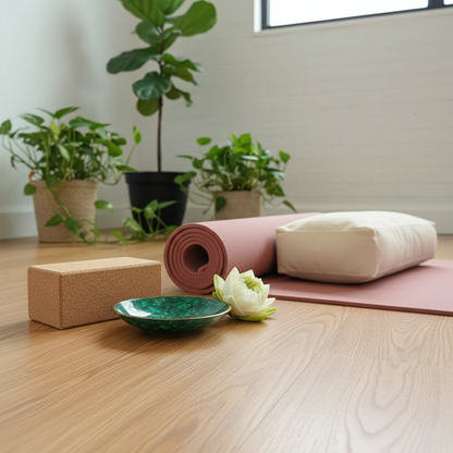 Bol malachite bordure dorée posé près d'un tapis de yoga décoration bien-être