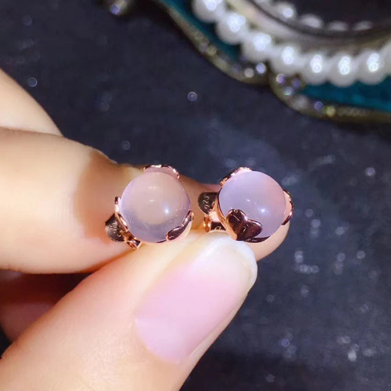 boucles d'oreilles femme argent plaqué or boules de quartz rose 