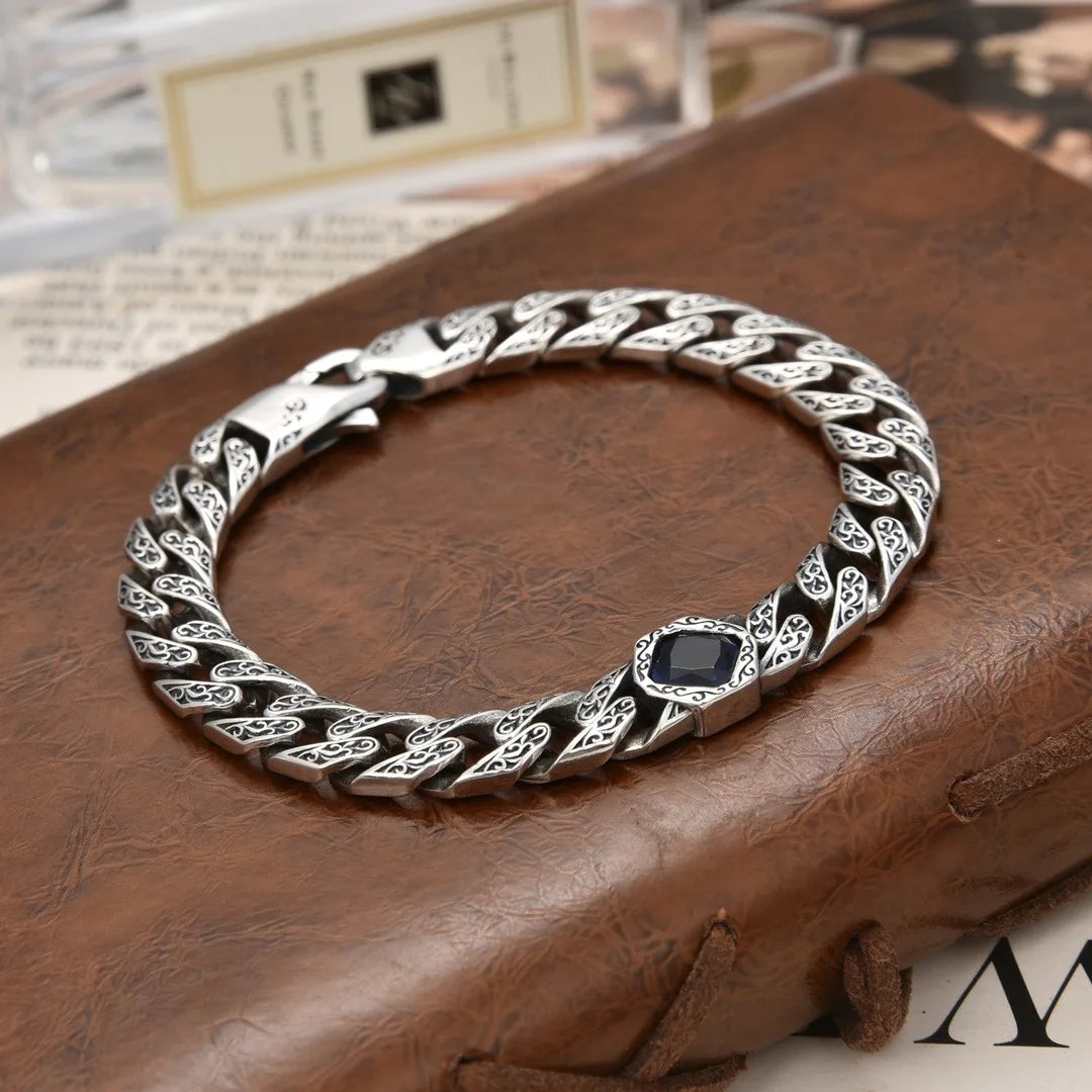 Bracelet homme argent retro pierre noire en losange