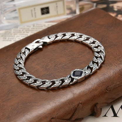 Bracelet homme argent retro pierre noire en losange