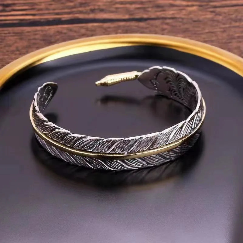 bracelet argent homme en forme de plume