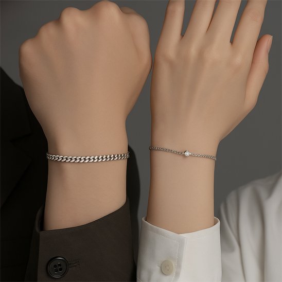 Bracelet couple en acier inoxydable argenté homme et femme