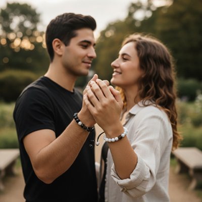 Bracelet couple​ blanc et noir portés par des amoureux