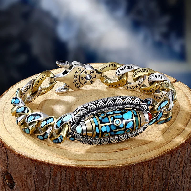 Bracelet couple homme femme roue à souhait porte-bonheur amulette mantras anti-stress turquoise