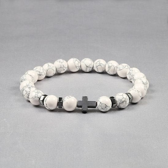 Bracelet en pierre howlite blanche et croix