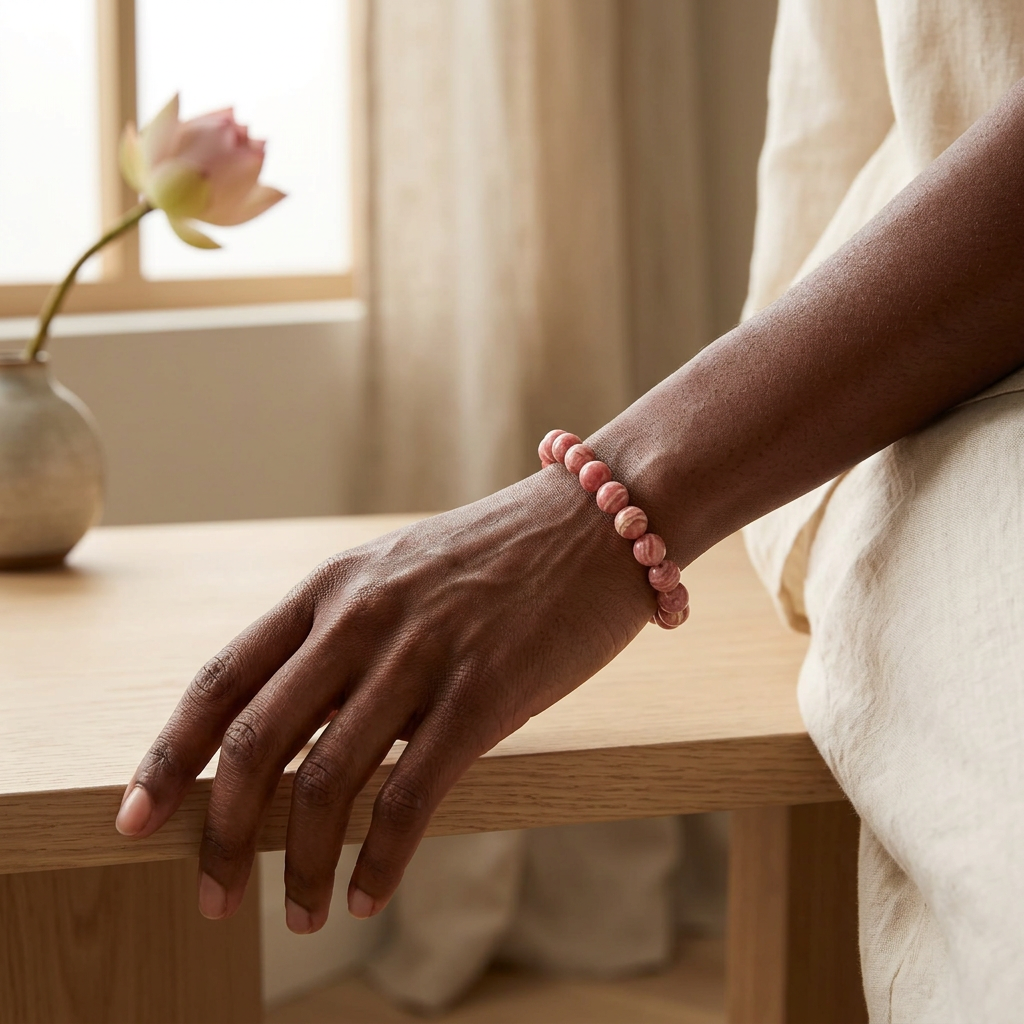 bracelet énergétique femme en rhodochrosite porté avec une tenue écrue, la main posée sur une table en bois clair.