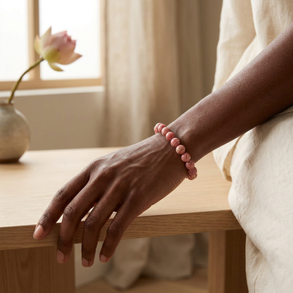 bracelet énergétique femme en rhodochrosite porté avec une tenue écrue, la main posée sur une table en bois clair.