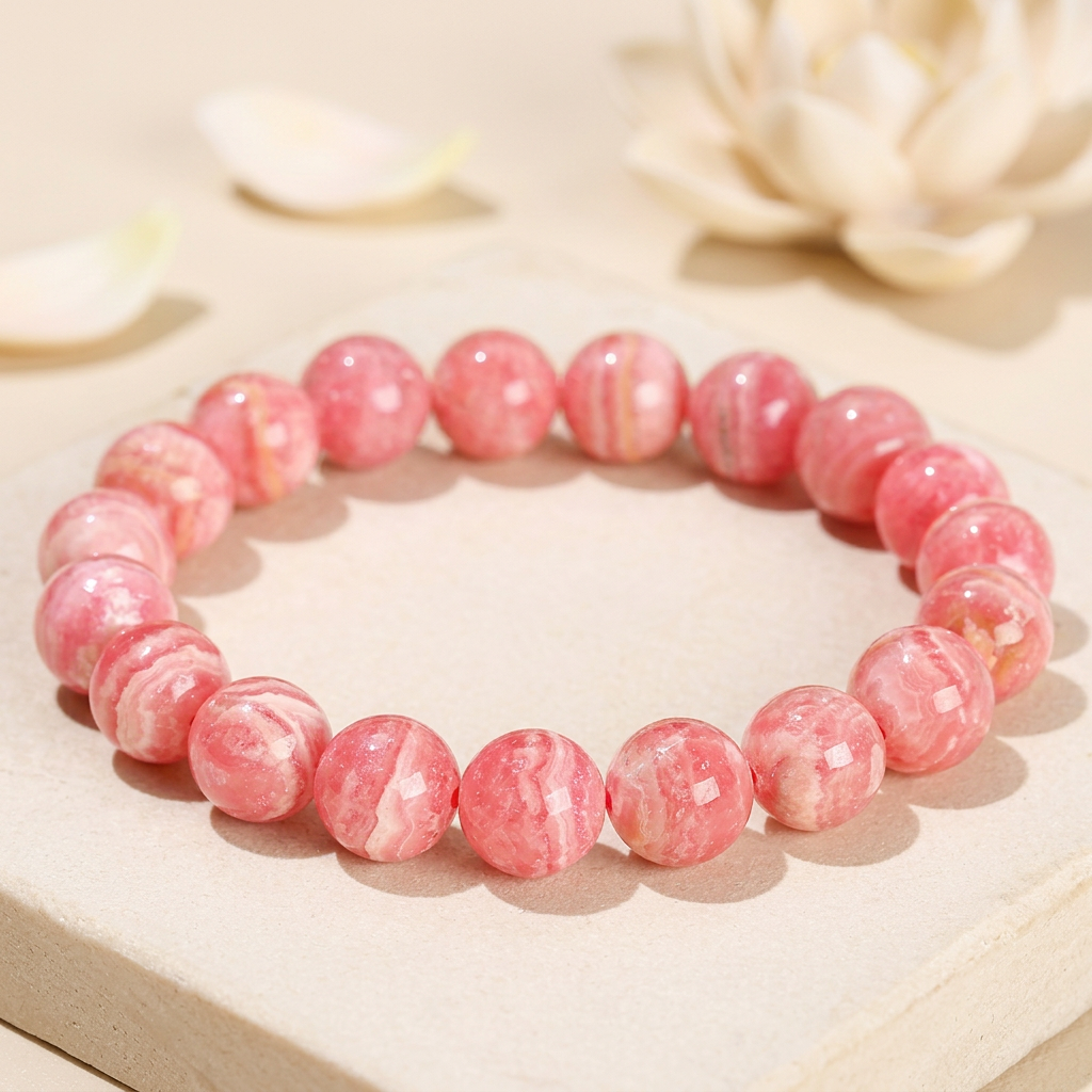bracelet énergétique femme en rhodochrosite rose à veinures blanches, posé sur une pierre claire avec un lotus en arrière-plan.