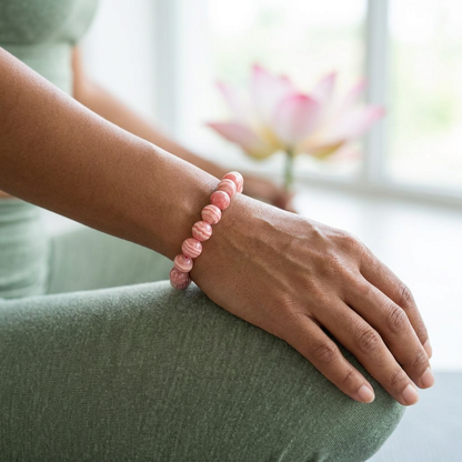 bracelet énergétique femme en rhodochrosite porté avec une tenue de yoga vert sauge, la main posée sur le genou.