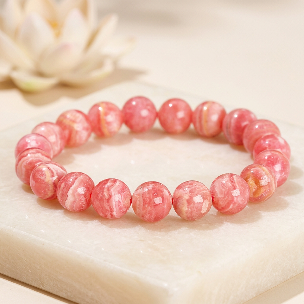 bracelet énergétique femme en perles de rhodochrosite rose sur un support beige, éclairé par une lumière douce.