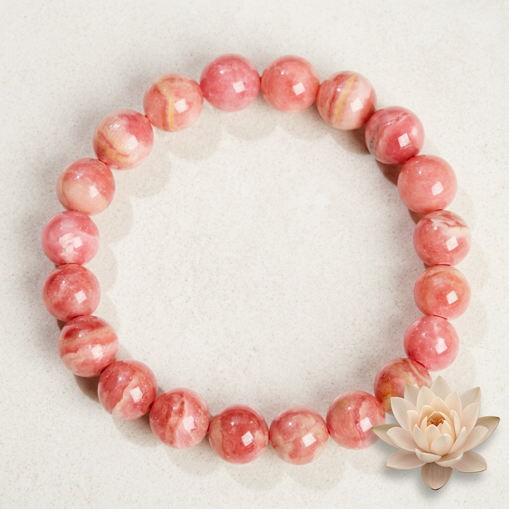 bracelet énergétique femme en rhodochrosite rose disposé en cercle sur un fond clair, près d’une fleur de lotus.