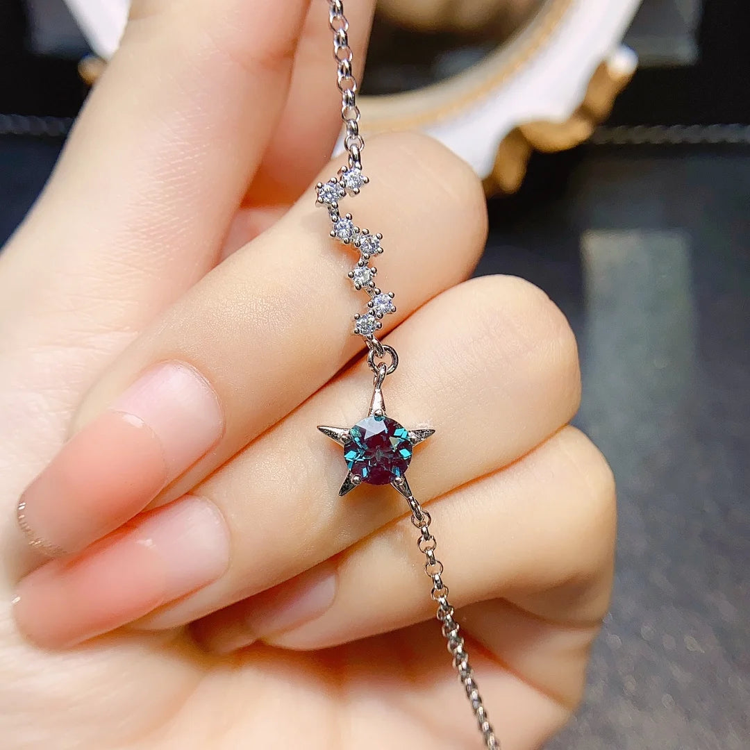 Bracelet femme argent pierre naturelle alexandrite zircons en forme d'étoile chaine ajustable
