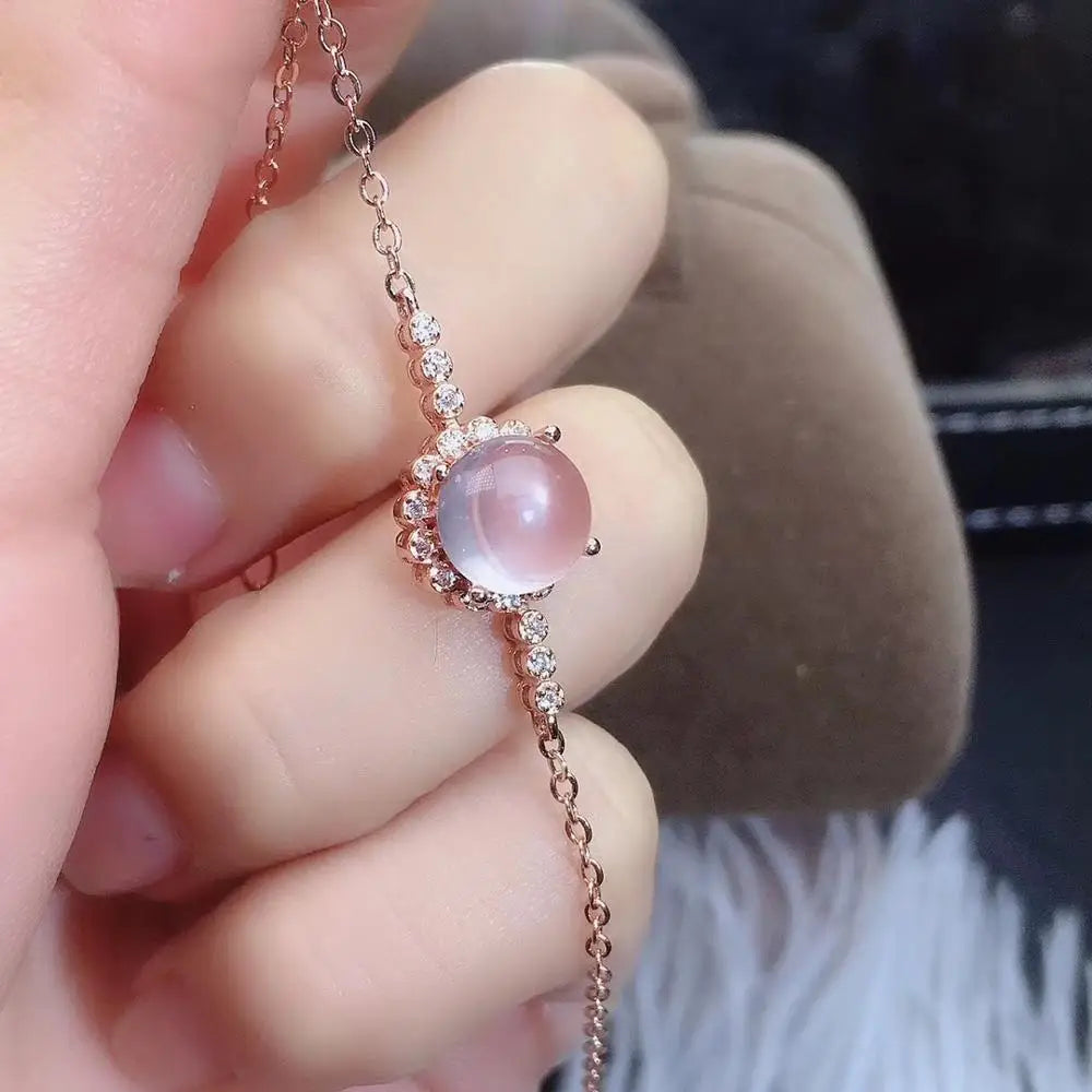 Bracelet femme tendance chaine argent plaqué or rose boule pierre naturelle de quartz rose