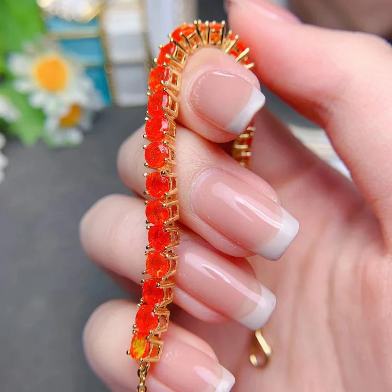 Bracelet femme argent plaqué or serti de pierres naturelles d'opale orange ajustable