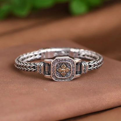 Bracelet homme argent vintage retro symbole porte-bonheur gravé bonne fortune prospérité 