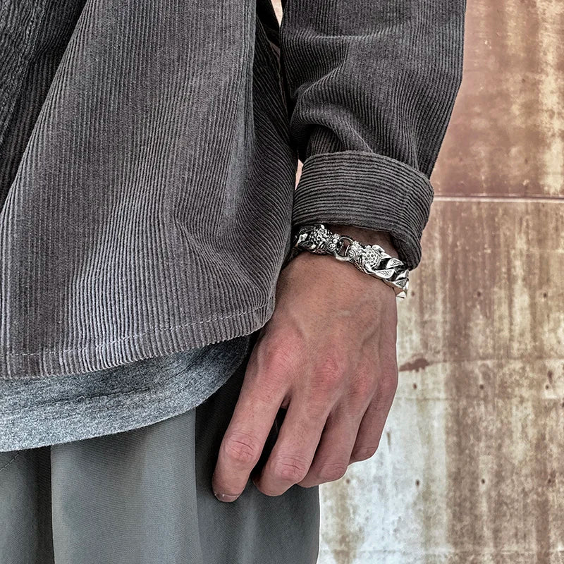 Bracelet homme argent deux têtes de léopard