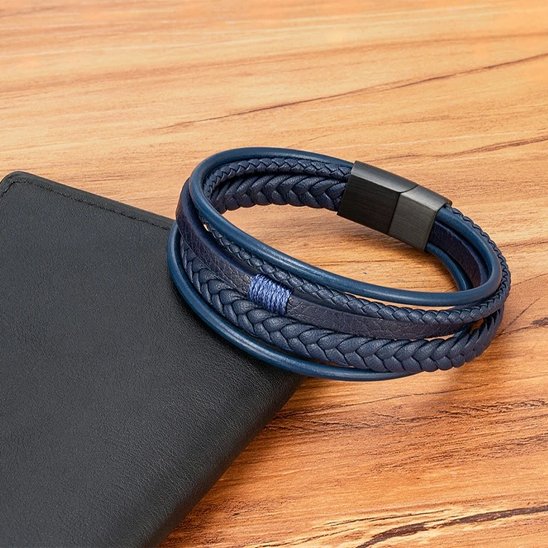 bracelet homme cuir tressé multicouches bleu fermoir métallique