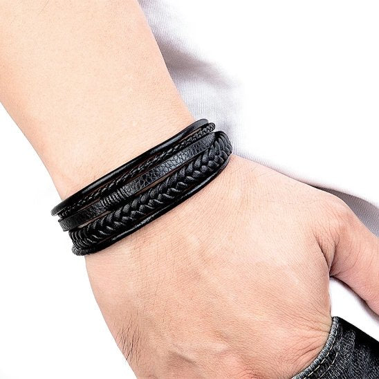 bracelet homme cuir tressé multicouches noir fermoir métallique