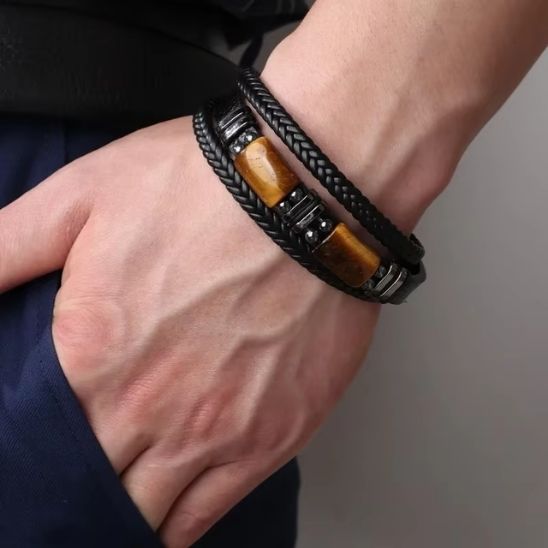 bracelet homme oeil de tigre cuir noir poignet 